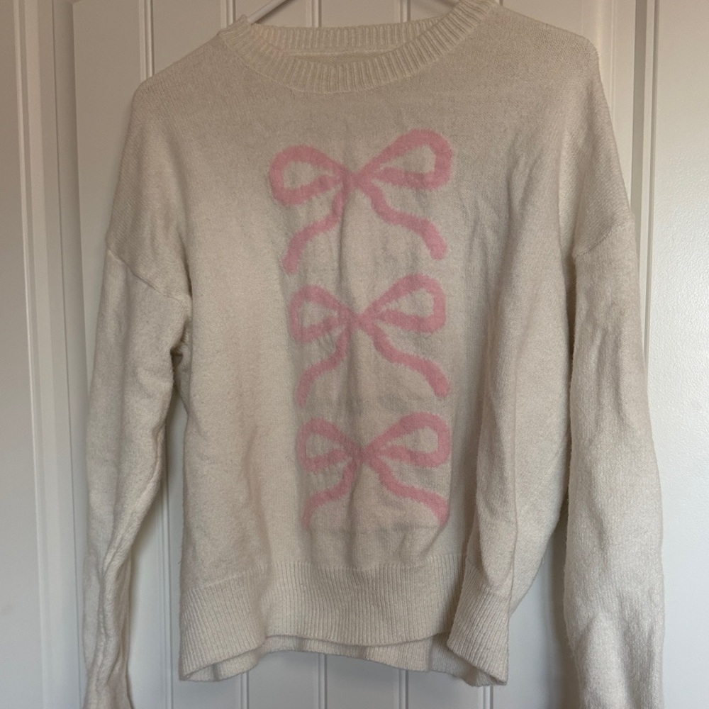 Cream Sweater with Pink Bow Motif - Women's Pullover